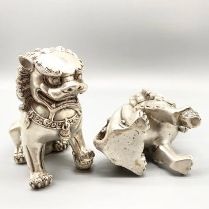 Chinese old Tibetan silver carved pair foo dog lion statue