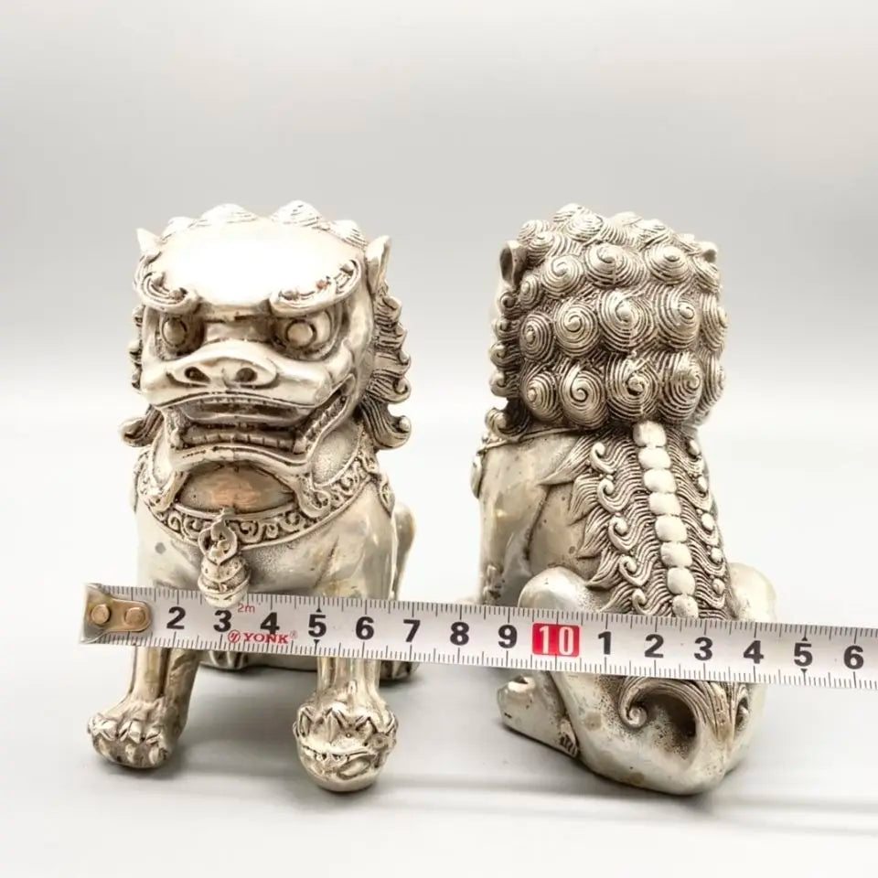 Chinese old Tibetan silver carved pair foo dog lion statue