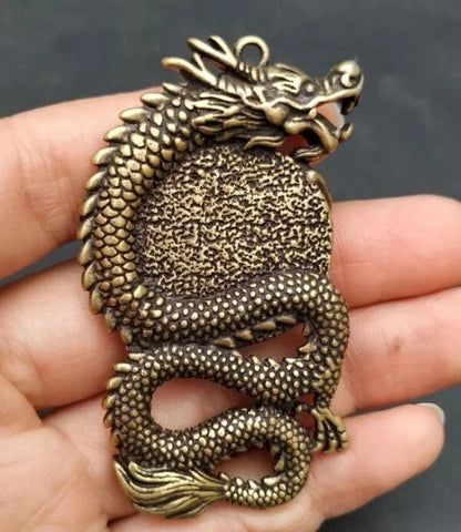 Chinese pure brass dragon Six character truth amulet pendant