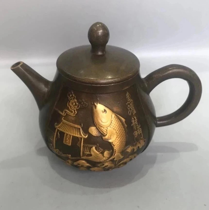 Chinese pure copper Fish jump dragon gate teapot crafts statue