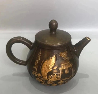 Chinese pure copper Fish jump dragon gate teapot crafts statue