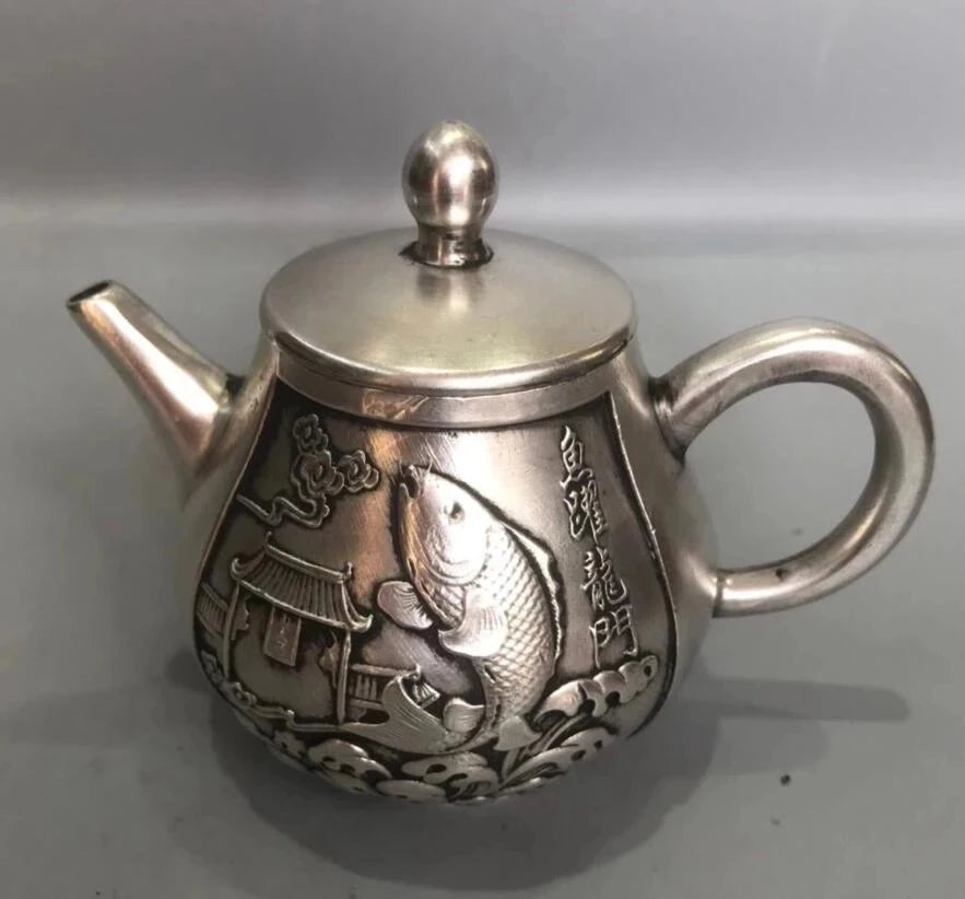 Chinese pure copper Fish jump dragon gate teapot crafts statue