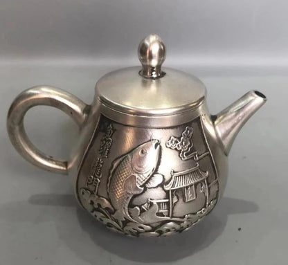 Chinese pure copper Fish jump dragon gate teapot crafts statue
