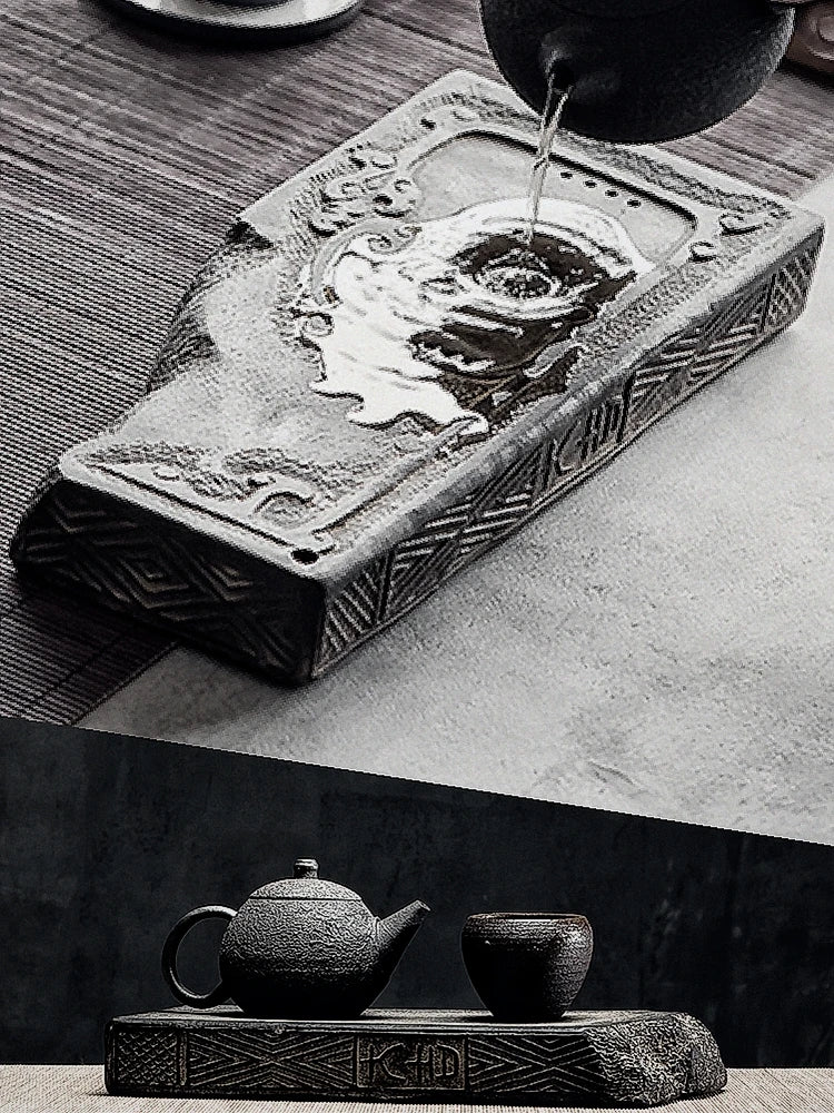 Chinese style brick tea tray antique ceramic water storage tea table wood brick single dry foam tray tea set