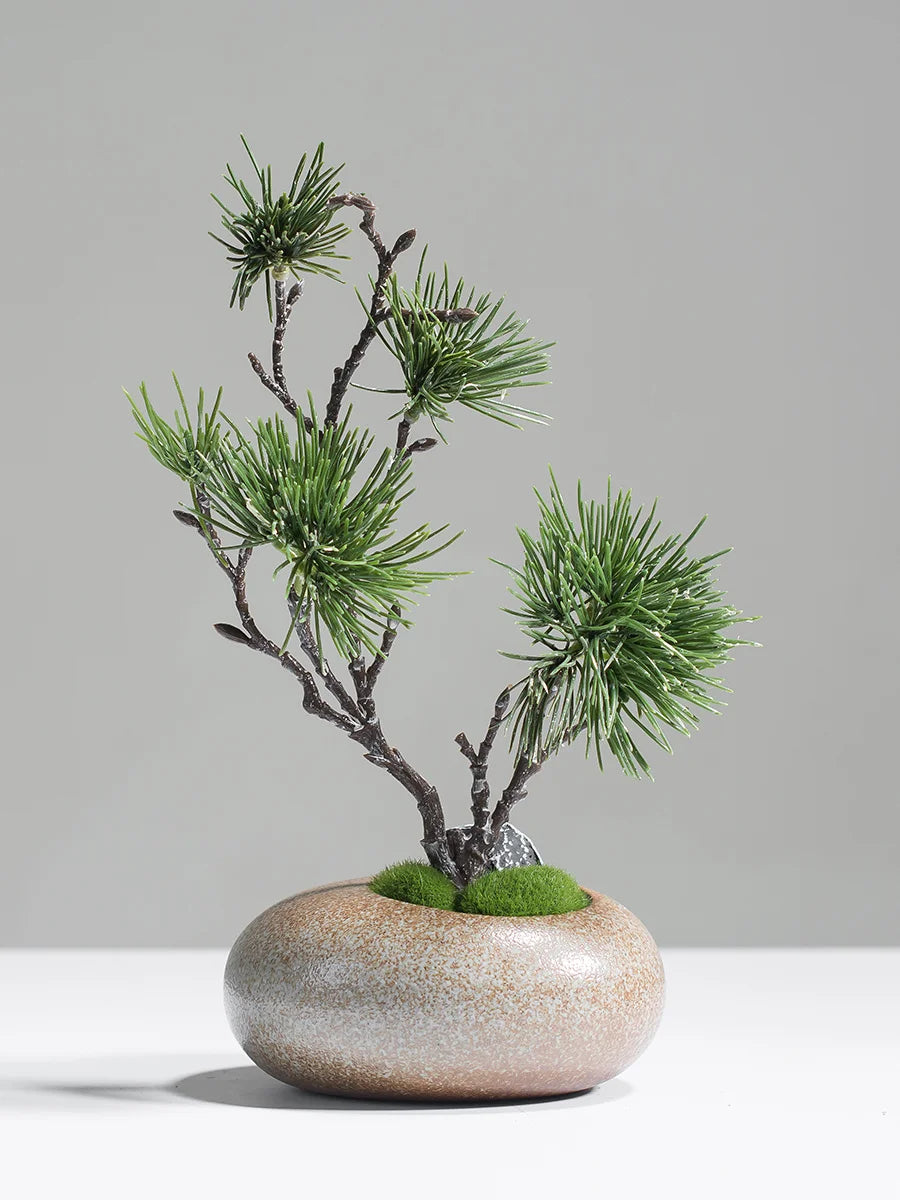 Chinese style simulation pine small bonsai decoration, ceramic vase set, plant living room decoration, flowers, pine trees