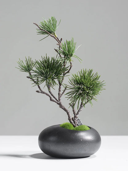 Chinese style simulation pine small bonsai decoration, ceramic vase set, plant living room decoration, flowers, pine trees