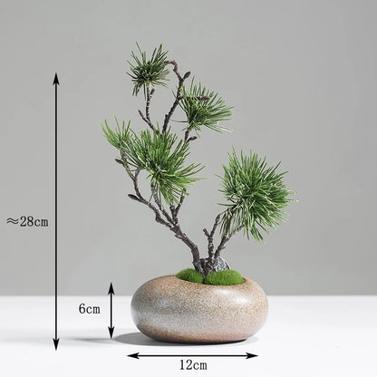Chinese style simulation pine small bonsai decoration, ceramic vase set, plant living room decoration, flowers, pine trees