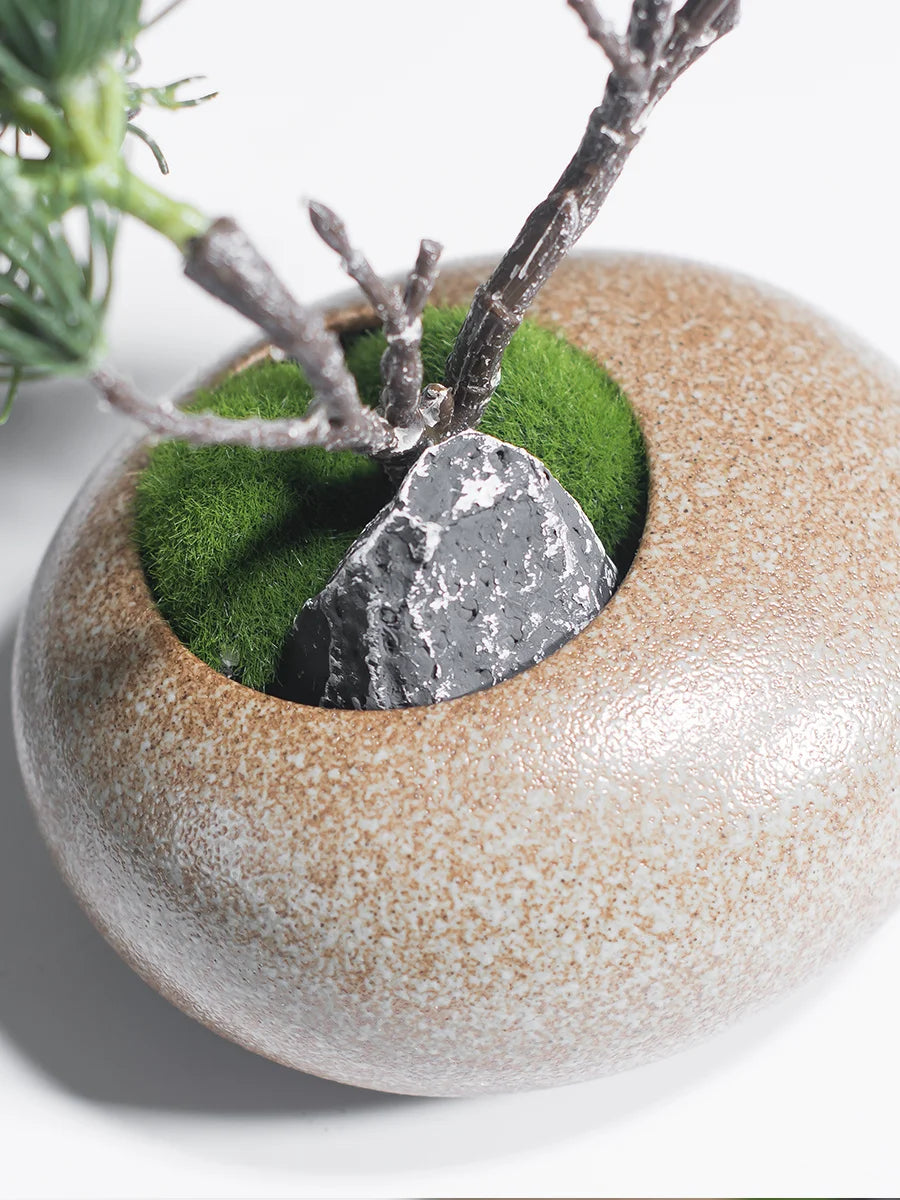 Chinese style simulation pine small bonsai decoration, ceramic vase set, plant living room decoration, flowers, pine trees