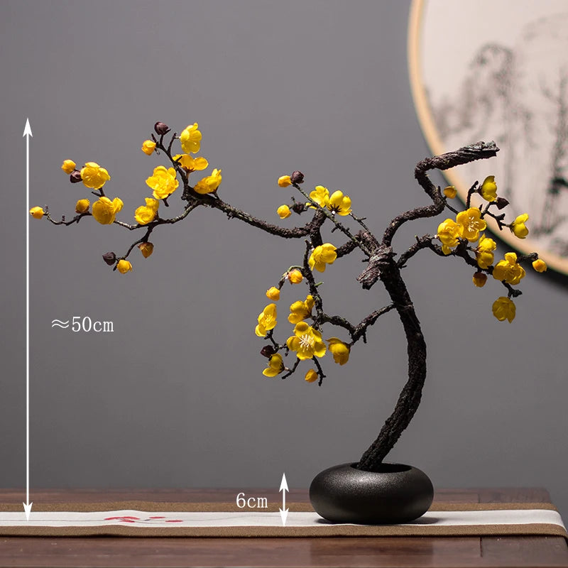 Chinese style simulation pine small bonsai decoration, ceramic vase set, plant living room decoration, flowers, pine trees