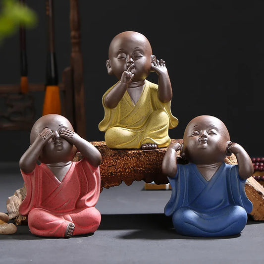 Chinese style three not small monk ceramic statue, modern art sculpture cute  tea set decoration home decoration statuette