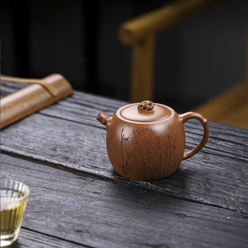 Chinese tea pot traditional craft full handmade bamboo carved master pots marked 220ml 7 infuser holes original ore zisha duan