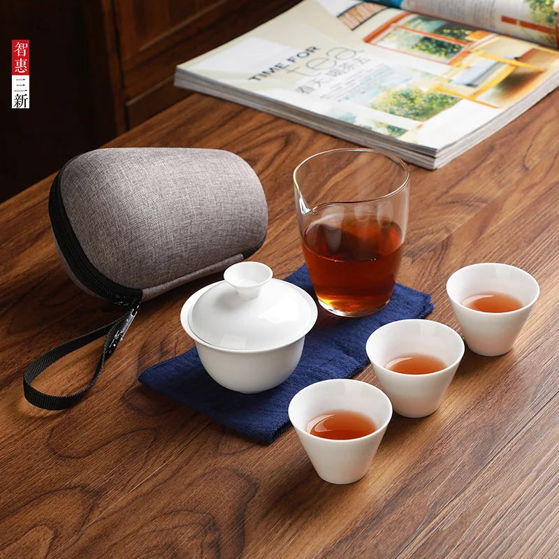 Chinese tea set Ceramic Portable Teapot Set Outdoor Travel Gaiwan Tea Cups of Tea Ceremony Teacup Fine Gift Free shipping