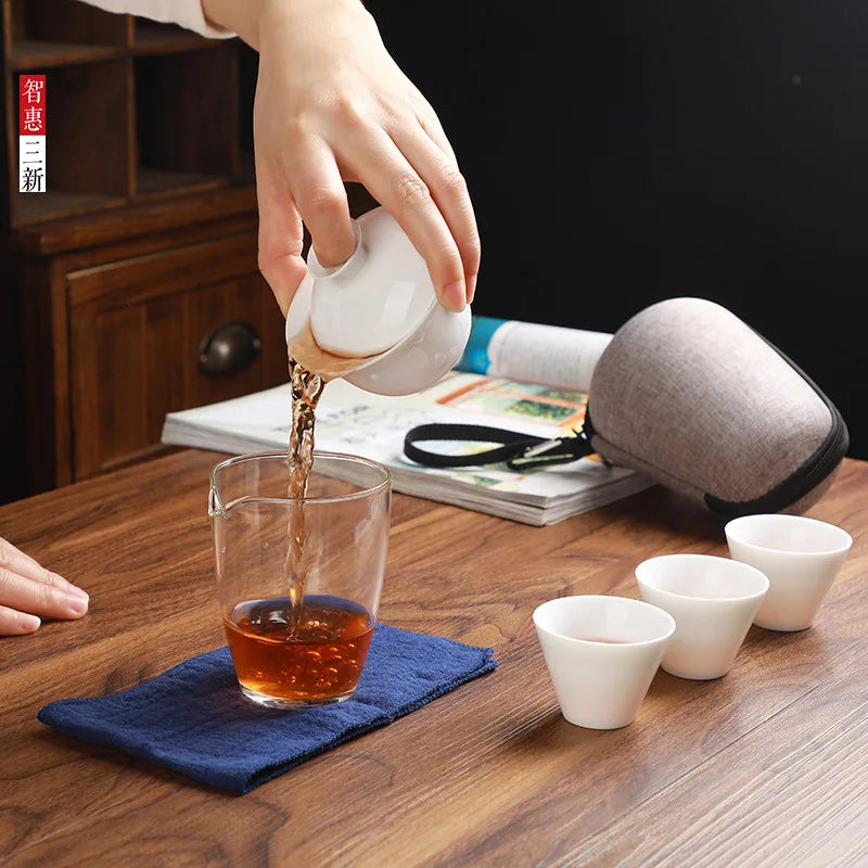 Chinese tea set Ceramic Portable Teapot Set Outdoor Travel Gaiwan Tea Cups of Tea Ceremony Teacup Fine Gift Free shipping
