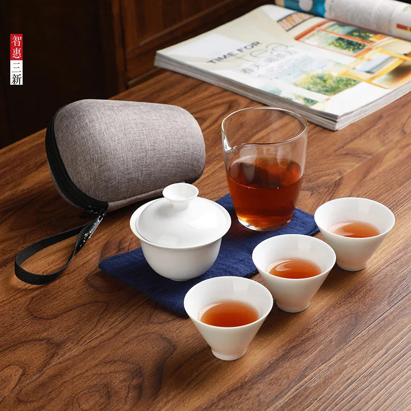 Chinese tea set Ceramic Portable Teapot Set Outdoor Travel Gaiwan Tea Cups of Tea Ceremony Teacup Fine Gift Free shipping