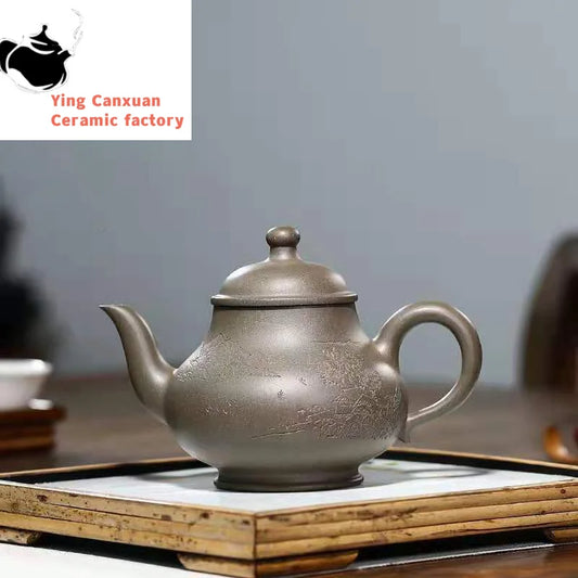 Chinese teapot Yixing Purple Clay Pot Raw Ore Crab Shell Green Carved Painting Gao Pan Pot Kung Fu Tea Set 300cc