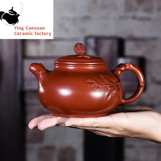 Chinese teapot Yixing Purple Clay Teapot  Fully Handmade Dahongpao Pasted Flower Chayote Pot Kung Fu Tea Set Teapot 320ml