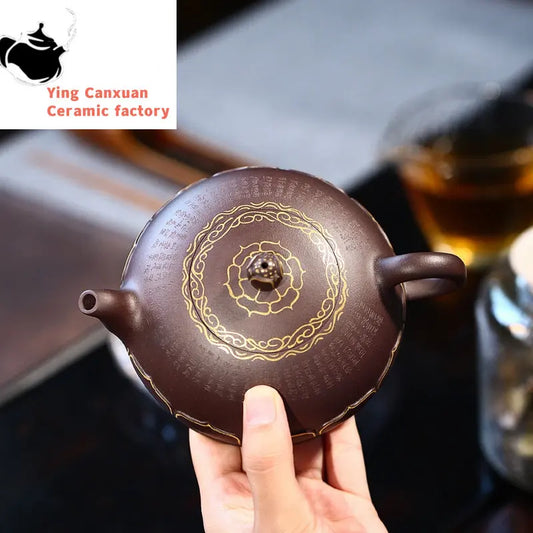 Chinese teapot Yixing purple clay teapot raw ore purple clay handmade 24K gold Buddha lotus teapot Kung Fu tea set Yixing teapot