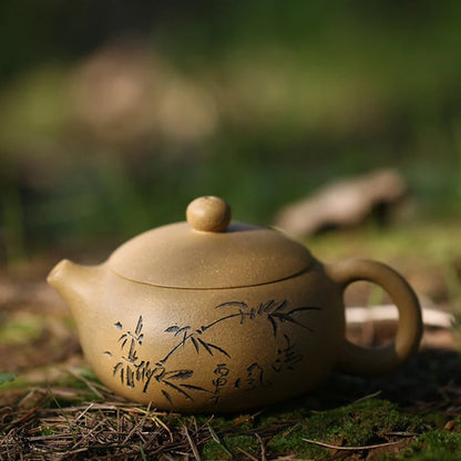 Chinese yixing zisha duan clay tea pot marked handmade pot of tea carved bamboo orchid kungfu pots 180ml for Pu'er / green tea