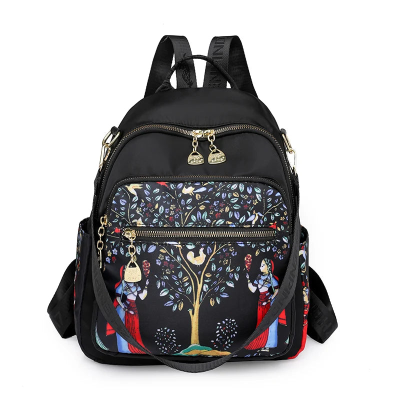 Chinoiserie Nylon Cloth Backpack Women Fashion Waterproof School Bags  Multifunction Wear-Resistant Multiple Pockets Travel Bag