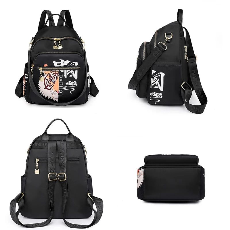 Chinoiserie Nylon Cloth Backpack Women Fashion Waterproof School Bags  Multifunction Wear-Resistant Multiple Pockets Travel Bag