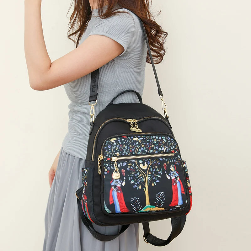 Chinoiserie Nylon Cloth Backpack Women Fashion Waterproof School Bags  Multifunction Wear-Resistant Multiple Pockets Travel Bag
