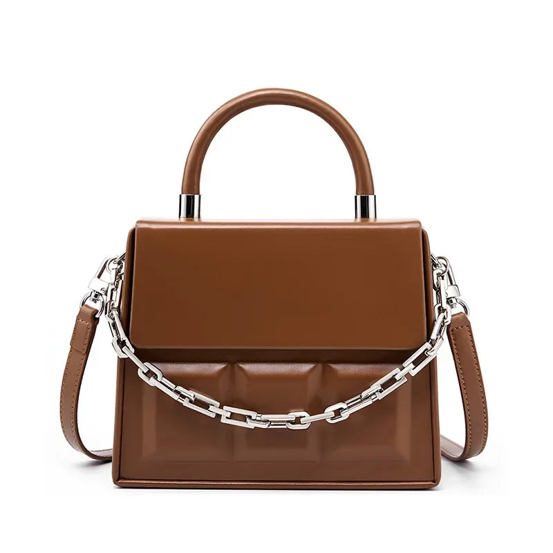 Chocolate small square bag women's crossbody genuine leather 2024 European and American ladies solid color portable box bag