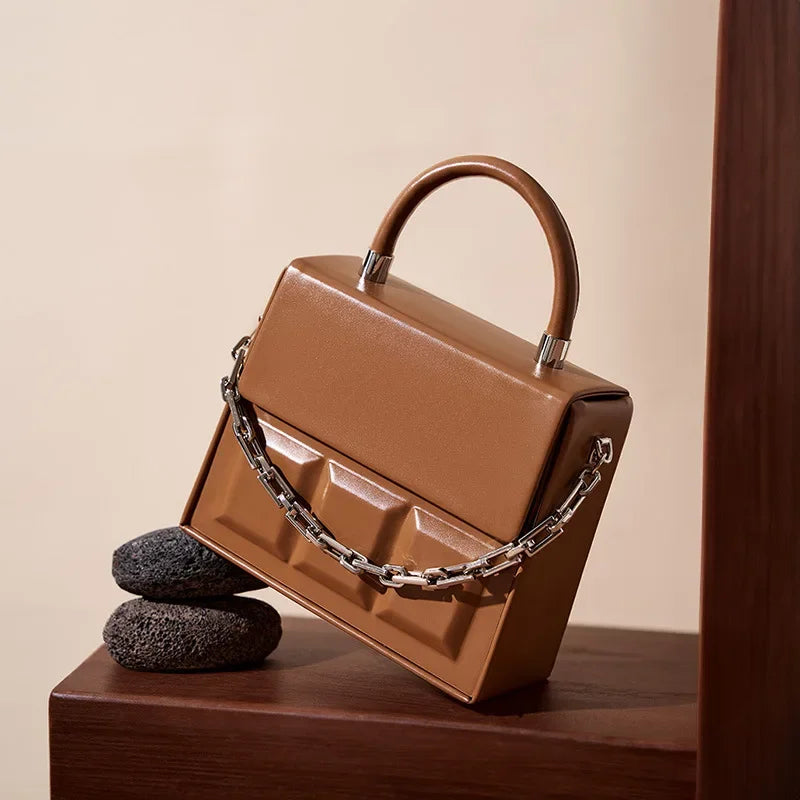 Chocolate small square bag women's crossbody genuine leather 2024 European and American ladies solid color portable box bag