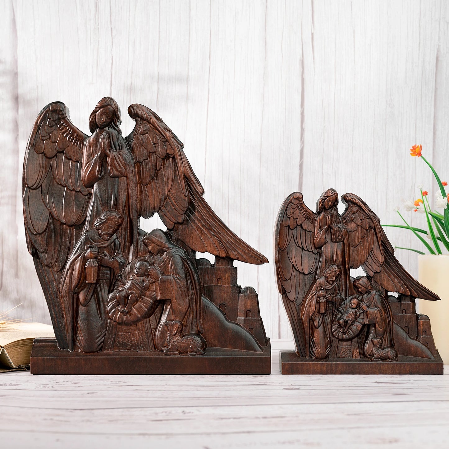 Christmas Nativity Scene Jesus Crib Nativity Decoration Solid Wood Carving Religious Christmas Gift