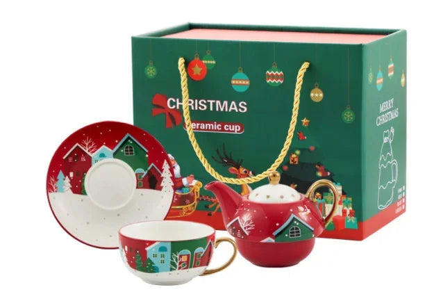 Christmas Pattern Porcelain Personal Tea Set Ceramic Portable Tea Set for One with Teapot Teacup and Saucer Service for Gift