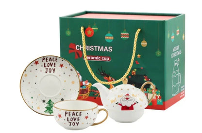 Christmas Pattern Porcelain Personal Tea Set Ceramic Portable Tea Set for One with Teapot Teacup and Saucer Service for Gift