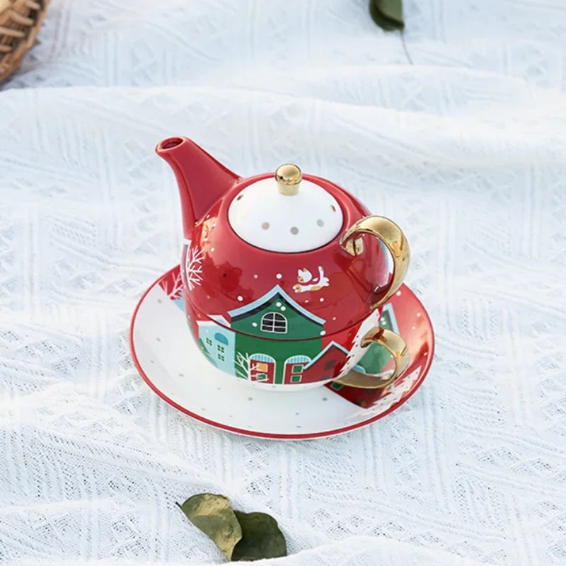Christmas Pattern Porcelain Personal Tea Set Ceramic Portable Tea Set for One with Teapot Teacup and Saucer Service for Gift