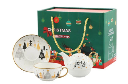 Christmas Pattern Porcelain Personal Tea Set Ceramic Portable Tea Set for One with Teapot Teacup and Saucer Service for Gift