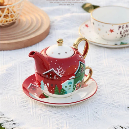 Christmas Pattern Porcelain Personal Tea Set Ceramic Portable Tea Set for One with Teapot Teacup and Saucer Service for Gift