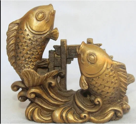Cina Cina Fengshui Kuningan Foo Fu Dua Ikan Barracuda Pass Naga Pintu Patung