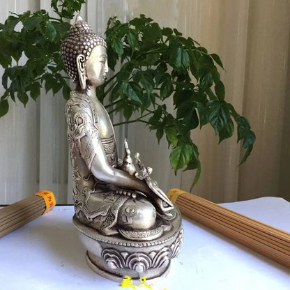 Cina Silver Buddhisme Naga Halus Po Sang Buddha Lotus Kursi Patung Obat Buddha