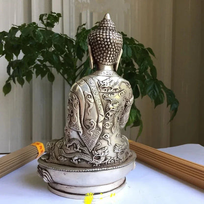 Cina Silver Buddhisme Naga Halus Po Sang Buddha Lotus Kursi Patung Obat Buddha