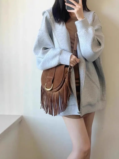 Classic 2024 New Maillard Frosted Suede Tassel Saddle Bag Cross Shoulder Women's Bag
