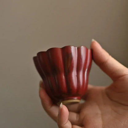 Classic Chinese Teacup: Forbidden City Red, Jingdezhen Porcelain, Pink Chrysanthemum Pattern