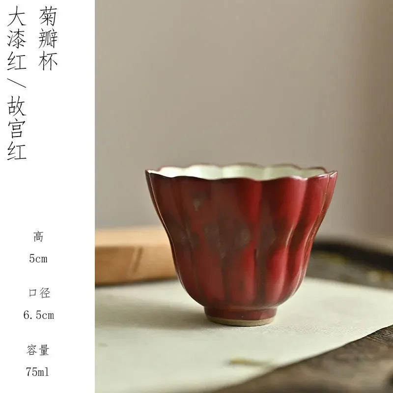 Classic Chinese Teacup: Forbidden City Red, Jingdezhen Porcelain, Pink Chrysanthemum Pattern