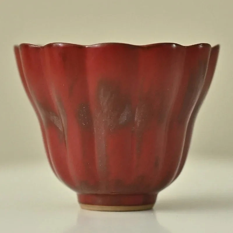Classic Chinese Teacup: Forbidden City Red, Jingdezhen Porcelain, Pink Chrysanthemum Pattern