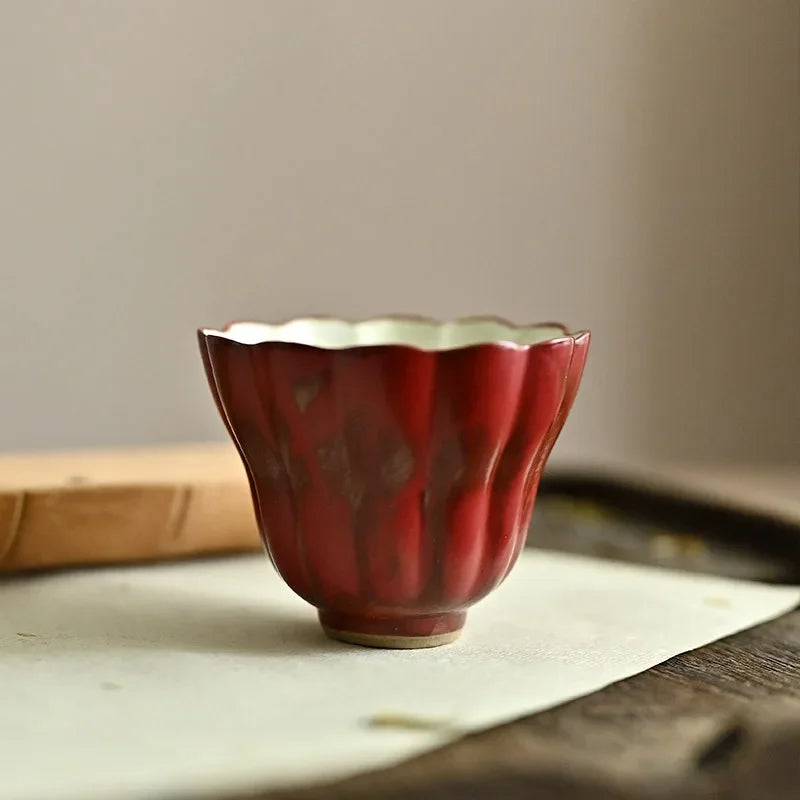 Classic Chinese Teacup: Forbidden City Red, Jingdezhen Porcelain, Pink Chrysanthemum Pattern
