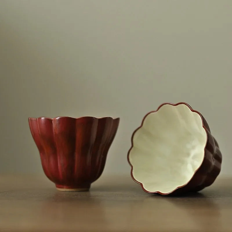 Classic Chinese Teacup: Forbidden City Red, Jingdezhen Porcelain, Pink Chrysanthemum Pattern