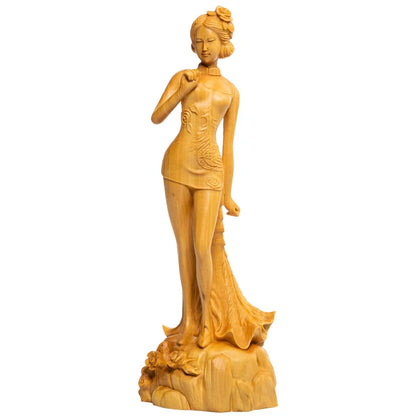 Classical Beauty Sculpture Chinese Style Cheongsam Beauty Decorations Boxwood Carving Home Decoration Solid Wood Living Room