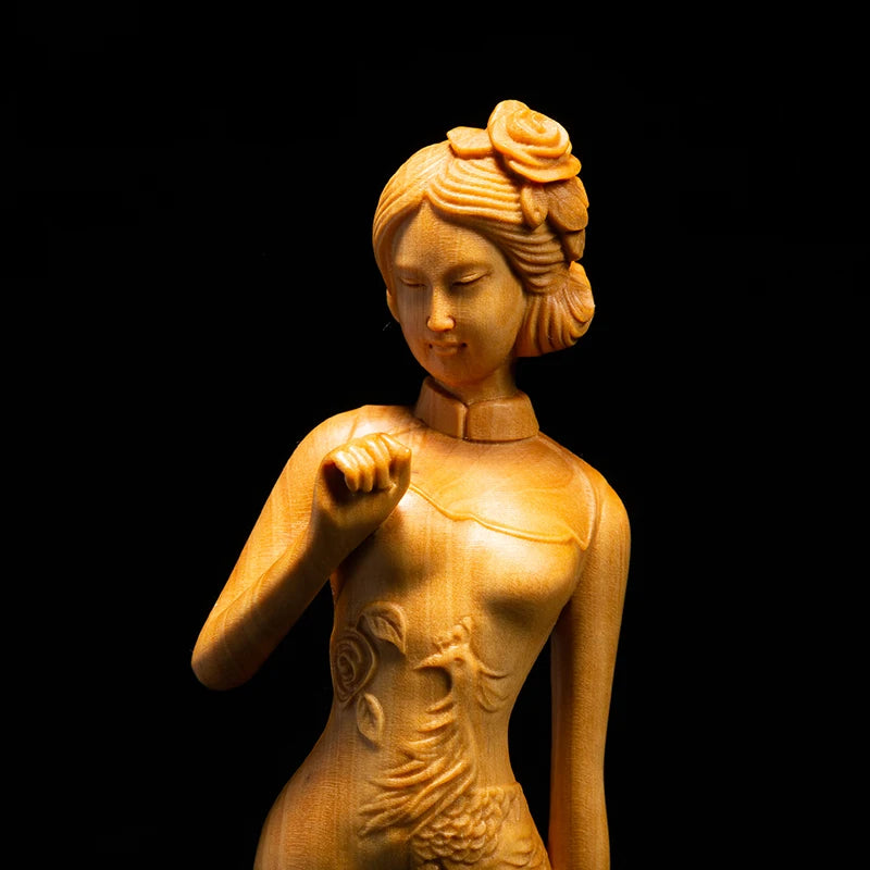 Classical Beauty Sculpture Chinese Style Cheongsam Beauty Decorations Boxwood Carving Home Decoration Solid Wood Living Room