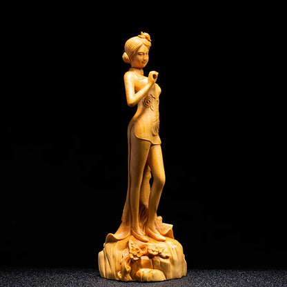 Classical Beauty Sculpture Chinese Style Cheongsam Beauty Decorations Boxwood Carving Home Decoration Solid Wood Living Room