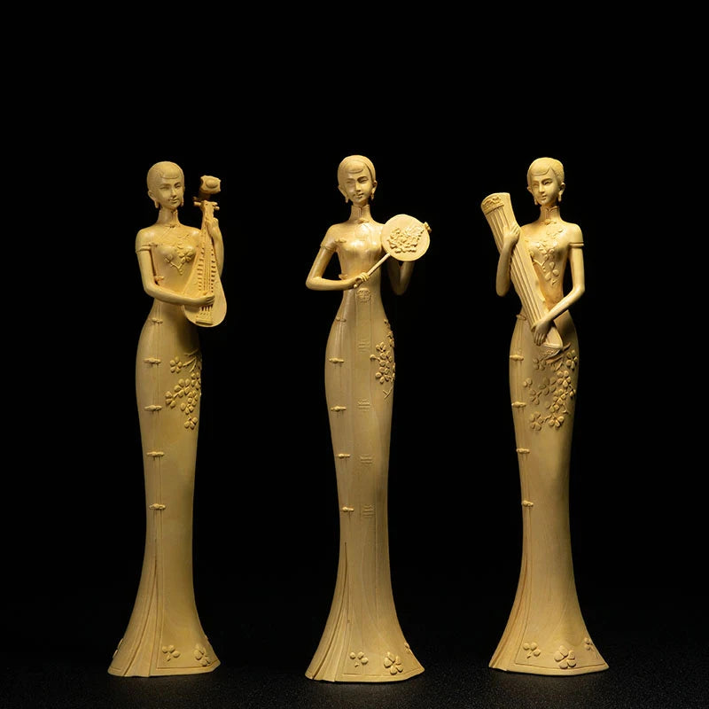 Classical Beauty Sculpture Chinese Style Cheongsam Beauty Three Beauty Ladies Decoration Carving Home Decoration Solid Wood