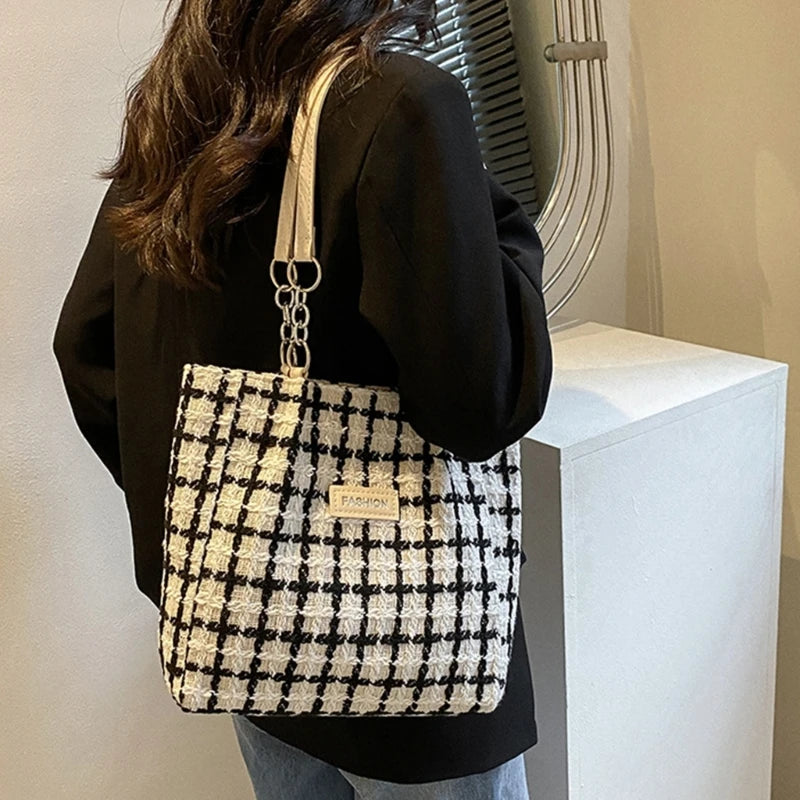 Classical Checkered Handbag Large Capacity Plaids Tote Bag Trend & Functional Tote Bag Nylon for Students Ladies Girls
