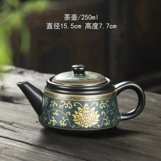 Classy Ceramic Teapot 250ml Handmade Black Teapot with Gold Inscriptions Tea Kettle Retro Kung Fu Tea Pot Set Teaware