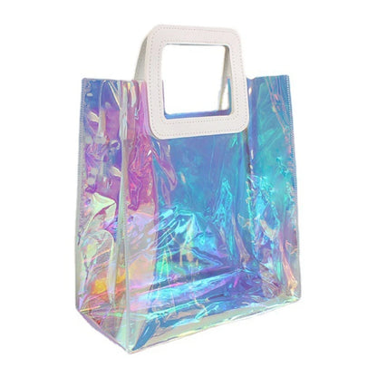 Clear Tote Bag Holographic Rainbow Shopping Bag Multi-Use Big Capacity Shoulder Handbag for Work Gym Sports Travel Beach