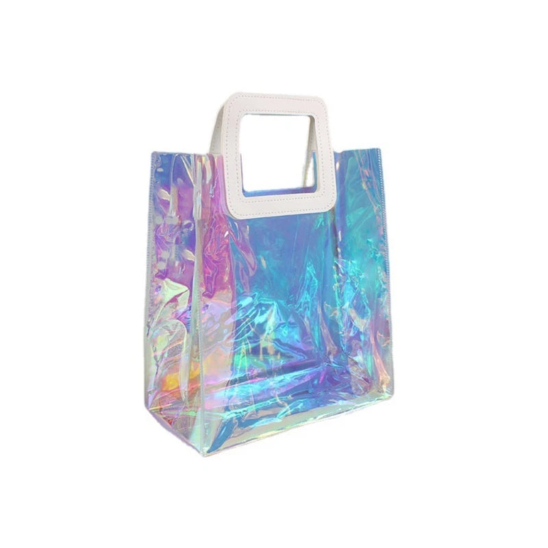 Clear Tote Bag Holographic Rainbow Shopping Bag Multi-Use Big Capacity Shoulder Handbag for Work Gym Sports Travel Beach